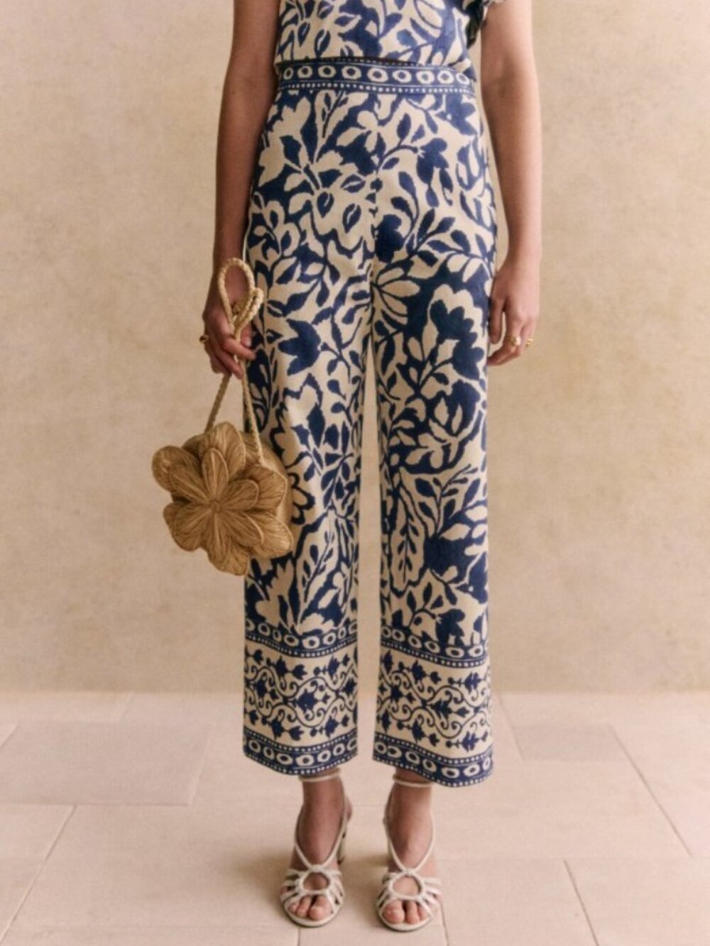 Sézane x Momonì Jenson Trousers Blue Cream Sybel Botanical Linen Cotton Pants 30